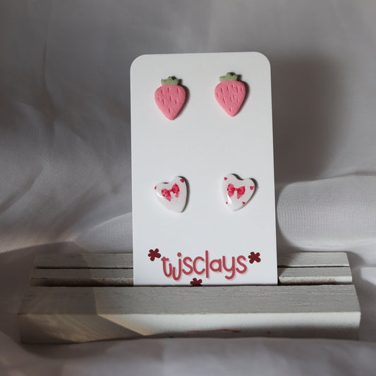 stud set: baby pink strawberries + bow hearts